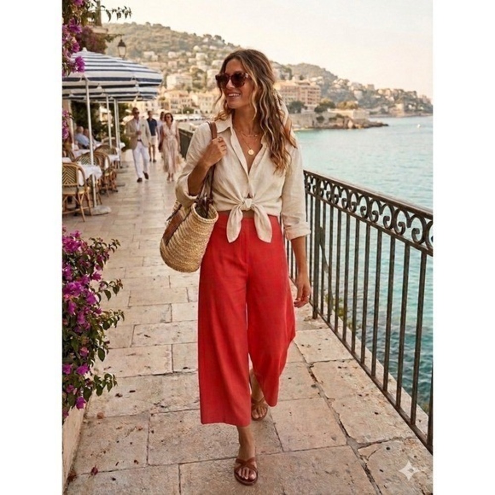 Aurelia Coral Red Elastic Waist Wide Leg Palazzo Pants L Euro Summer Coastal